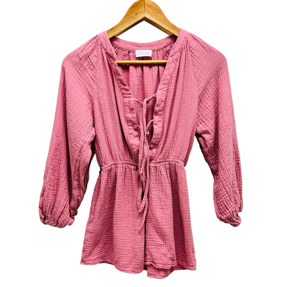 Pink Lily Endless Sunshine Romper XS Pink Tie Front Long Sleeve‎ Mini Dressy